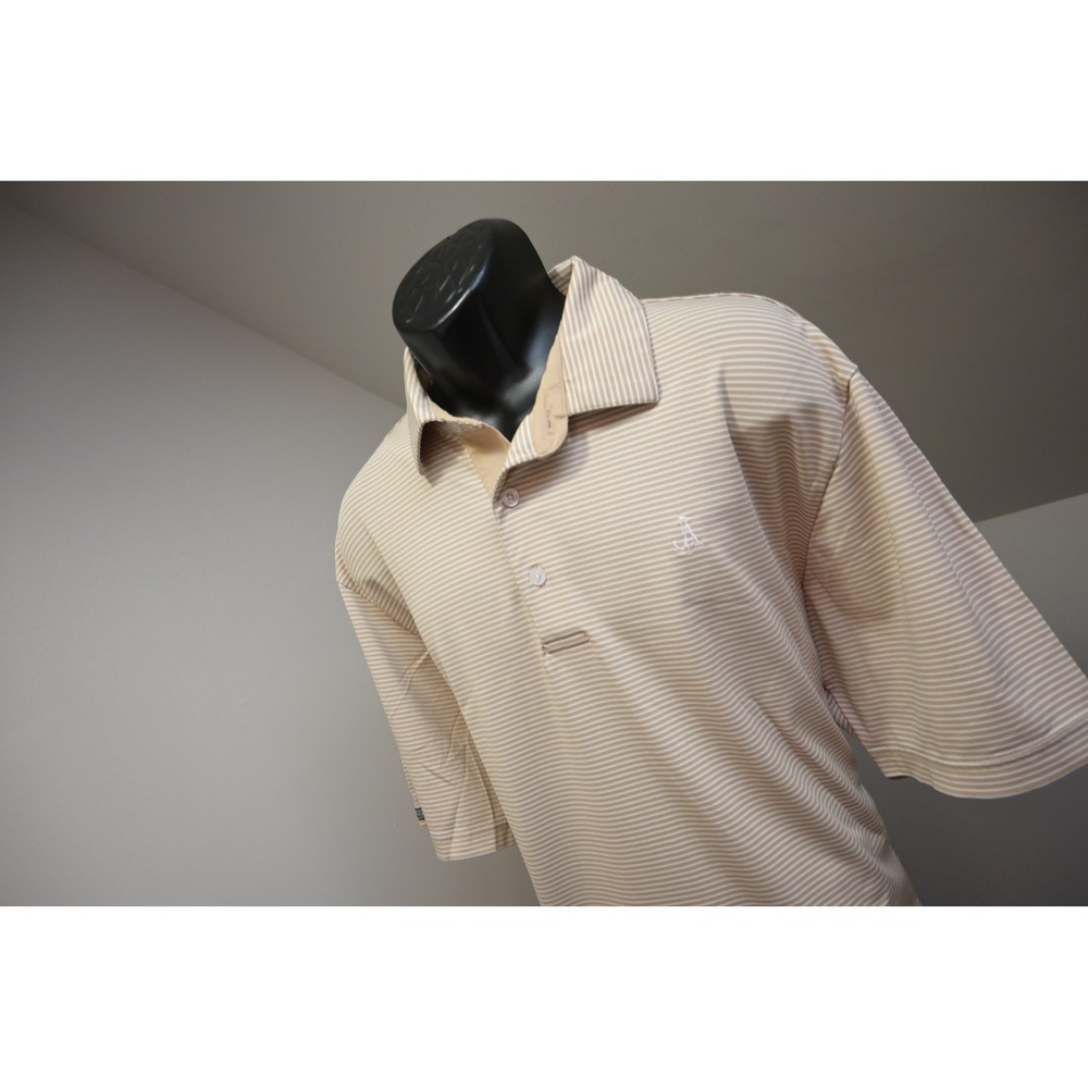 Straight Down Polo Shirt Mens XL Tan White Striped Short Sleeve Golf Excellent